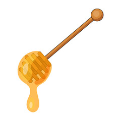 Honey dripping from honey dipper on yellow background. Thick honey dipping from the wooden honey spoon. Healthy food concept, diet, dieting.