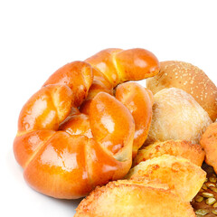 Croissants, buns and other sweet pastries isolated on white background.