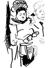 Human silhouette hand drawn one line flat illustration. Set Guy with backpack travels in public transport people wearing mask. line art sketch phone in hands concept smartphone as a part of life