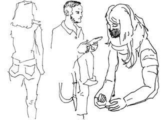 Modern abstract faces of people wearing masks in public transport. Smartphone use. Minimalism concept. Line art drawing style. Modern woman's silhouette. Hand drawn trendy vector posters, illustration