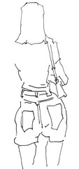 Female with backpack view from back. Modern woman fashion art silhouette faces of people Smartphone use. Minimalism concept. Line art drawing style Fashion girl with long hair. Hand drawn trendy 
