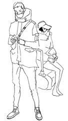 Human silhouette hand drawn one line flat art. Set of drawings people concept modern abstract faces fashion commercial illustration. line art sketch phone in hands public transport.   