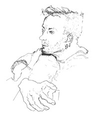 Line drawing male Human silhouette hand drawn one line flat illustration. Set Guy with backpack travels sitting looking away. Man portrait sketch for design. Abstract  barbershop men's goods