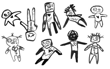 Obraz premium Line Drawing Freehand Voodoo Dolls Patchwork Handmade Style. Witch Set Design For Halloween. Ritual Doll With Needles Cartoon Style. Illustration For Children's Book Logo Frightening Black Line