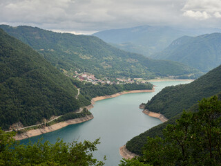 Piva river canyon and Pivsko lake with turquoise water color in Montenegro.