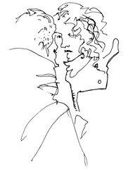 Human silhouette hand drawn one line flat art. Set of drawings people concept modern abstract faces fashion commercial illustration. line art sketch phone in hands public transport.   