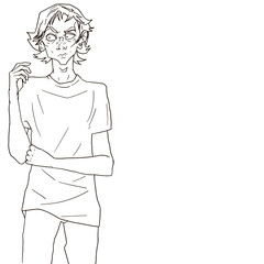 Line simple sketch male standing angry thin man cartoon character illustration. Depressed boy in t-shirt freehand drawing young  with long hair man portrait design.
Skinny guy looking away one line 