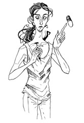 Line simple sketch male standing angry thin man cartoon character illustration. Depressed boy in t-shirt freehand drawing young  with long hair man portrait design.
Skinny guy looking away one line 