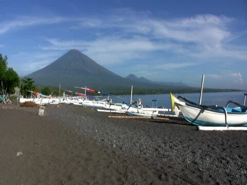 View of the Agung volcano from the beach in Amed, Bali