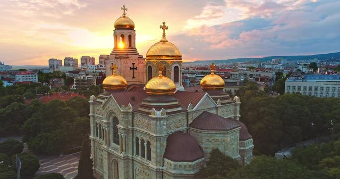 Bulgaria, sea capital Varna city. The Cathedral of the Assumption, Aerial view in 4K video