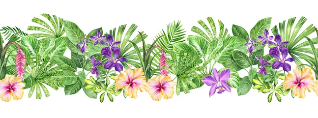 Selbstklebende Fototapeten Horizontal watercolor border of tropical plants and flowers. Beautiful floral garland of orchids, hibiscus and palm leaves. Exotic seamless pattern for wallpaper, scrapbooking, fabric © Olga