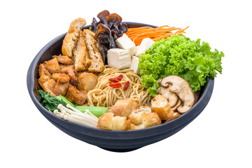 Lion Mane Black Kut Teh with You Tiao served in dish isolated on plain white background side view