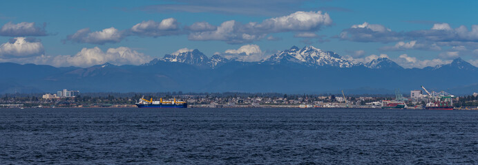 City of Everett From Puget Sound with Cascade Mountain Backdrop