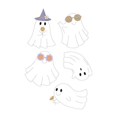 Fotobehang Retro 70s 60s Hippie Groovy Halloween Ghost vector illustration set isolated on white. Flower power peace sign shades witch hat spook print collection for T-shirt design. © AngellozOlga