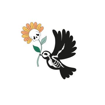 Black Peace bird skeleton with skull flower in the beak vector illustration isolated on white. Boho hippie retro 60s 70s bird floral print for Halloween.