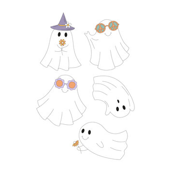 Retro 70s 60s Hippie Groovy Halloween Ghost vector illustration set isolated on white. Flower power peace sign shades witch hat spook print collection for T-shirt design.