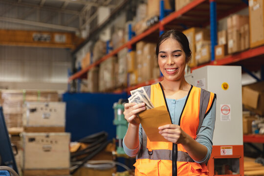 Worker Employee Recieve Salary With Working Overtime Bonus Money Payday Work In Factory Warehouse