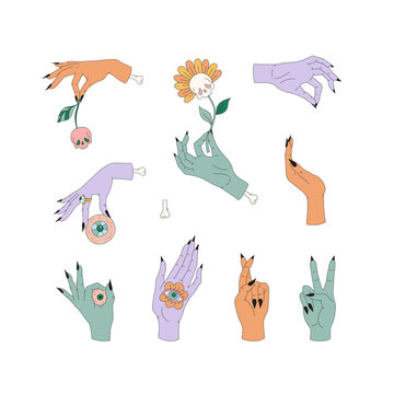 Mystic Spooky Witchy Zombie Hands gestures vector illustration set isolated on white. Retro 60s 70s Hippie Groovy Halloween print collection for T-shirt design.