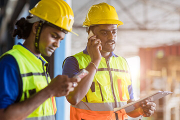 Indian Engineer worker foreman using telephone calling communication and technology device in factory workplace