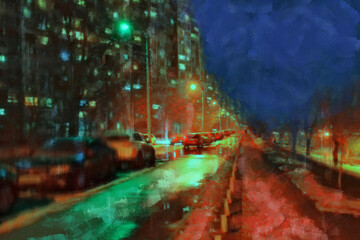 Rainy night city Kyiv, Bereznyaki district. Digital painting with canvas texture in the style of modern impressionism.