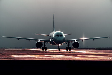commercial airplane preparing for takeoff on the runway, front view