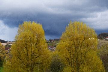 Fototapeta na wymiar Monsoon clouds, landscape, sky, yellow foliage, natural beauty, bright colors, rain, london suburbs