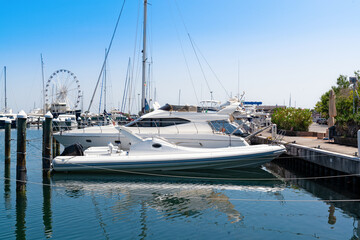Yachts in the port waiting. Rimini, Italy.
