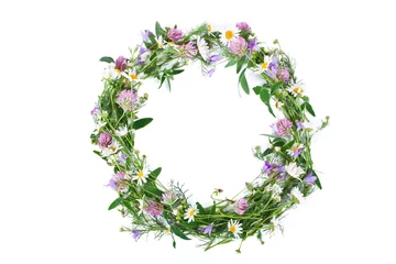 Foto op Plexiglas Beautiful wreath with colorful flowers isolated on a white background. Midsummer celebration concept, summer decoration. Top view. © Snowbelle