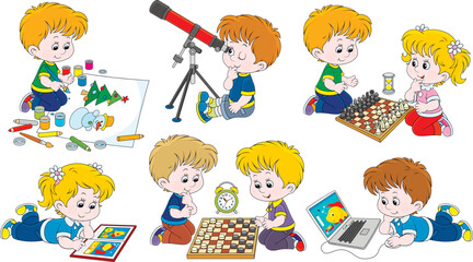 Cartoon set of little kids playing a computer game, chess, draughts, a telescope, drawing and reading