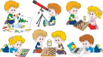 Foto op Canvas Cartoon set of little kids playing a computer game, chess, draughts, a telescope, drawing and reading © Alexey Bannykh