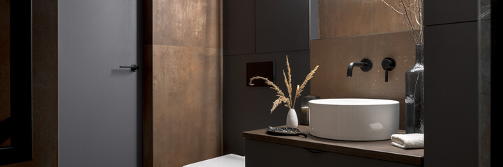 Modern bathroom with rusty tiles, panorama - 520082735