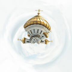 Aerial summer city view with Cathedral of Christ the Saviour in Moscow, Russia . Little planet sphere mode. Spherical panorama of the city,Moscow, Russia