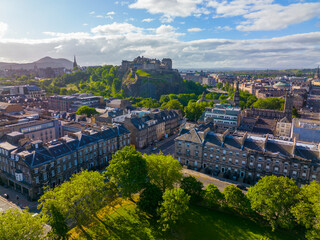 New Town aerial view on Charlotte Square with Edinburgh Castle in Edinburgh, Scotland, UK. New Town...