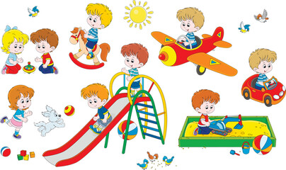 Vector cartoon set of happy little children playing on a summer playground in a park