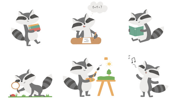 Set of cartoon raccoon. Studying, reading books, painting, singing, investigating biology.
