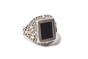 silver ring with a precious stone isolated on a white background