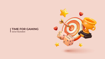 Game and Gaming concept. Realistic 3d design of Dice, Trophy Cup and hit target. 3D Vector illustration in cartoon minimal style. © tashatuvango