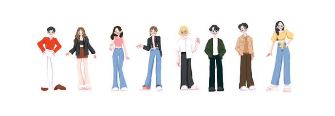 Group of young people flat cartoon characters on white background. Happy teenager in casual clothes. Korean teenager