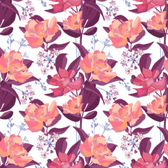 Vector floral seamless pattern. Design with garden flowers and herbs on a white background. 
