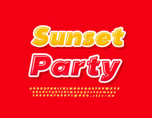 Vector event flyer Sunset Party. Bright yellow Font. Stylish Alphabet Letters, Numbers and Symbols set