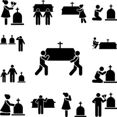 Mans funeral coffin carry icon in a collection with other items