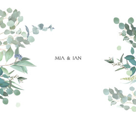 Herbal eucalyptus selection vector frame. Hand painted branches, leaves on white background © lavendertime