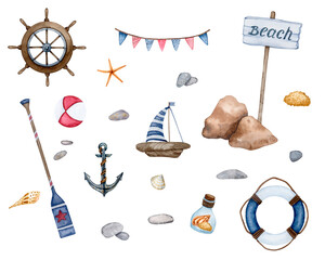 Big set of nautical elements. Rudder, anchor, seashells, lifebuoy and other watercolor illustrations isolated on white background.