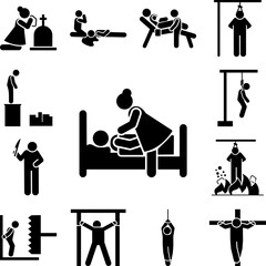 Woman bed patient sorrow icon in a collection with other items