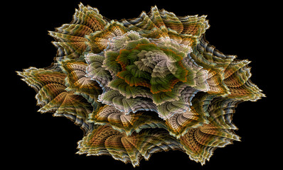 3D illustration. Abstract image. Fractal. Multi-colored figure in the form of a spiral, with a fabric texture on a black background. Graphic element for web design.