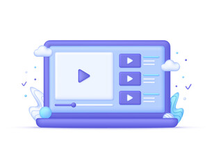 3D Computer and video player illustration. Video tutorials, online webinars trainings and work, e-learning set, business online learning, streaming, conference. Vector in 3d style. - obrazy, fototapety, plakaty