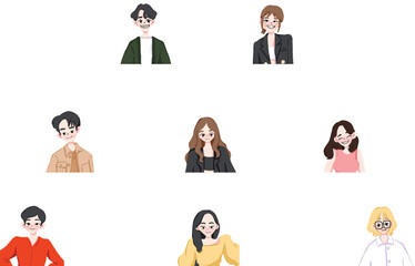 Group of young people flat characters illustrator isolated on white background. Happy teenager in casual clothes. Korean artist characters