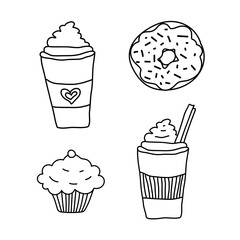 Coffee set hand draw elements mug, cup of tea or coffee and cake, donut isolated on white background