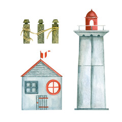 A set of watercolor elements, a lighthouse, a house on the seashore hand-painted in watercolor on a white background.