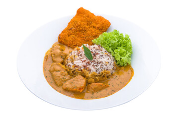 Nanyang Curry Lion Mane Cheesy Patty rice served in a dish isolated on plain white background side view